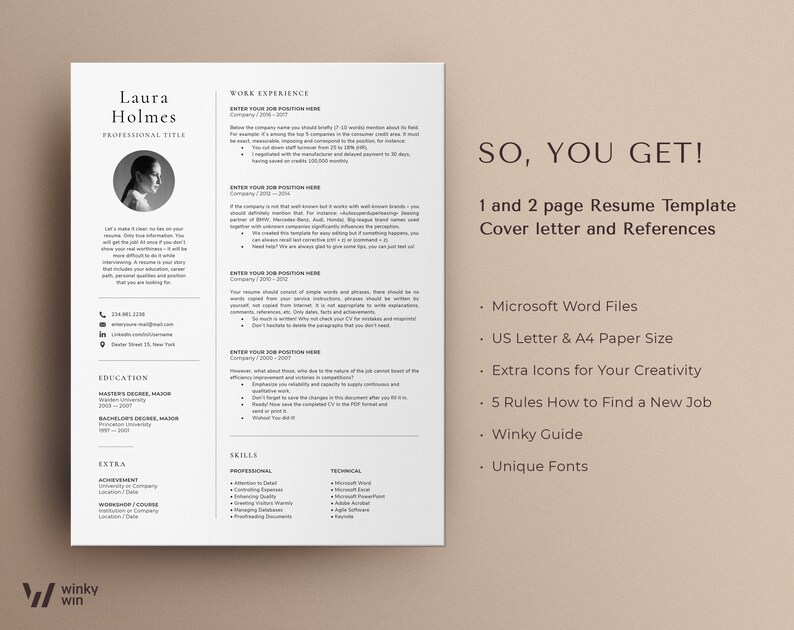K&ouml;nnte beinhalten: Eine Lebenslaufvorlage in einem wei&szlig;en und grauen Farbschema mit dem Text "SO, YOU GET!" in Schwarz. Der Text darunter listet die Funktionen der Vorlage auf, darunter Microsoft Word-Dateien, US Letter & A4 Papierformat, zus&auml;tzliche Symbole f&uuml;r Kreativit&auml;t, 5 Regeln, wie man einen neuen Job findet, ein Winky-Guide und einzigartige Schriftarten.
