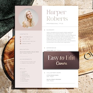 May include: A resume template with a photo, contact details, education, skills, and experience sections. The resume is in a soft pink and white color scheme, with the text "Easy to Edit Canva" on a dark brown rectangle.
