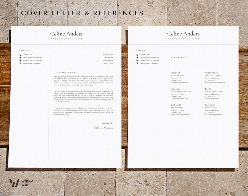 May include: A cover letter and references page for Celine Anders. The cover letter is addressed to Dear Mr. Grand. The references page lists four individuals with their contact information.