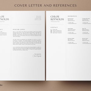 May include: A black and white cover letter and references template for Chloe Reynolds. The cover letter is addressed to Mr. Jones and includes a contact section with phone number, email address, and street address. The references section lists six individuals with their contact information.