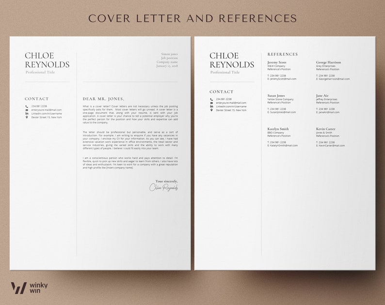 May include: A black and white cover letter and references template for Chloe Reynolds. The cover letter is addressed to Mr. Jones and includes a contact section with phone number, email address, and street address. The references section lists six individuals with their contact information.