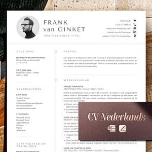 以下が含まれることがあります： 白と茶色の名刺に、白い文字で「CV Nederlands」と書いてあります。名刺には、ワードドキュメントと鉛筆の小さなアイコンも付いています。