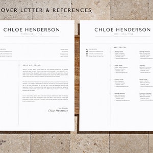 May include: A black and white cover letter and references page with the name Chloe Henderson at the top. The cover letter is addressed to "Dear Mr. Grand." The references page lists several names, titles, and contact information.