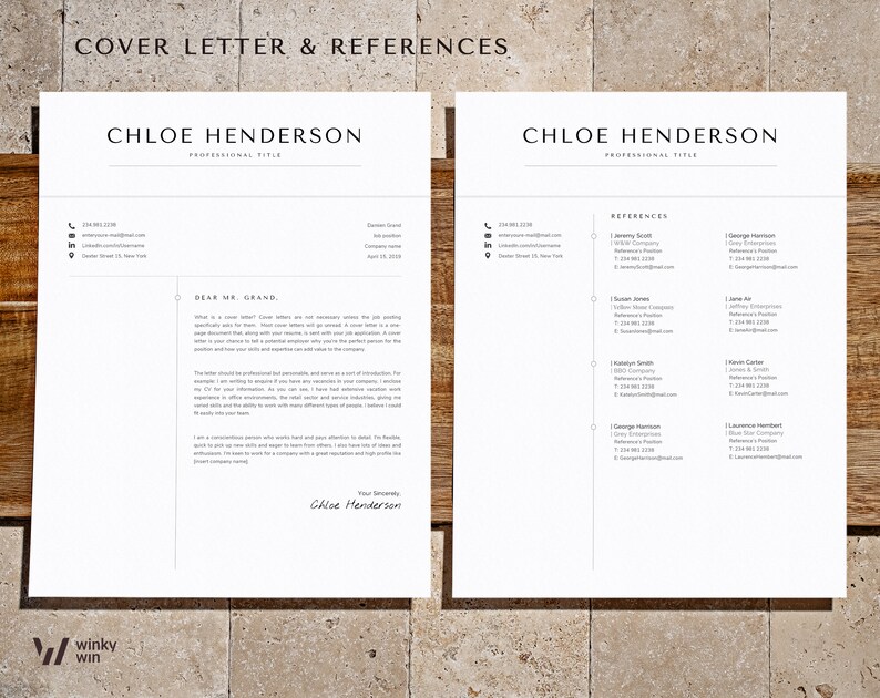 May include: A black and white cover letter and references page with the name Chloe Henderson at the top. The cover letter is addressed to "Dear Mr. Grand." The references page lists several names, titles, and contact information.