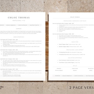 K&ouml;nnte beinhalten: Ein zweiseitiger Lebenslauf-Template mit minimalistischem Design. Der Lebenslauf ist f&uuml;r Chloe Thomas und enth&auml;lt Abschnitte f&uuml;r Zusammenfassung, Berufserfahrung, Ausbildung, berufliche Weiterbildung, ehrenamtliche T&auml;tigkeit und F&auml;higkeiten.