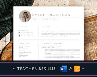 Elementary School Teacher Resume Template Word & Pages, Teaching Resume Cv Template for Middle or High School Teacher resume with photo