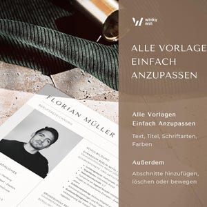 以下が含まれることがあります： 無表情の男性の白黒写真。写真は、「Florian M&uuml;ller」と「BERUFSBEZEICHNUNG」というテキストが上部に書かれた白い履歴書テンプレートの上にあります。履歴書テンプレートには、「SCHULBILDUNG」、「PERS&Ouml;NLICHES」、「GRUNDSCHULE BERLIN」というテキストも黒文字で書かれています。「Alle Vorlagen Einfach Anzupassen」というテキストは、より大きなフォントサイズで、ページの上部に配置されています。