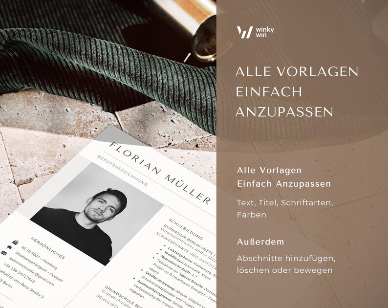 以下が含まれることがあります： 無表情の男性の白黒写真。写真は、「Florian M&uuml;ller」と「BERUFSBEZEICHNUNG」というテキストが上部に書かれた白い履歴書テンプレートの上にあります。履歴書テンプレートには、「SCHULBILDUNG」、「PERS&Ouml;NLICHES」、「GRUNDSCHULE BERLIN」というテキストも黒文字で書かれています。「Alle Vorlagen Einfach Anzupassen」というテキストは、より大きなフォントサイズで、ページの上部に配置されています。