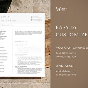 May include: A resume template with the name "Olivia Anderson" at the top. The resume includes sections for education, skills, and work experience. The text "Easy to Customize" is displayed with options to change text, titles, fonts, colors, and language.