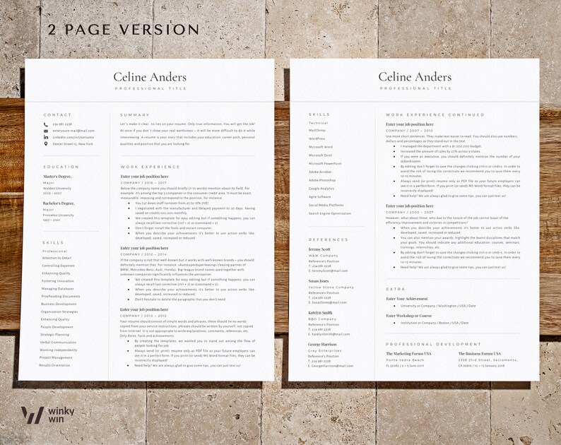 May include: A two-page resume template with a modern design. The resume is for Celine Anders, who is a professional with experience in the field of e-commerce. The resume includes sections for contact information, education, work experience, skills, references, and professional development. The resume is formatted in a clean and easy-to-read style.