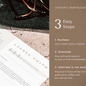 May include: A resume template for a registered nurse with a simple design and a heart rate line. The text on the resume says "Lauren Smith, Registered Nurse". The image also includes a description of how to purchase and download the resume.