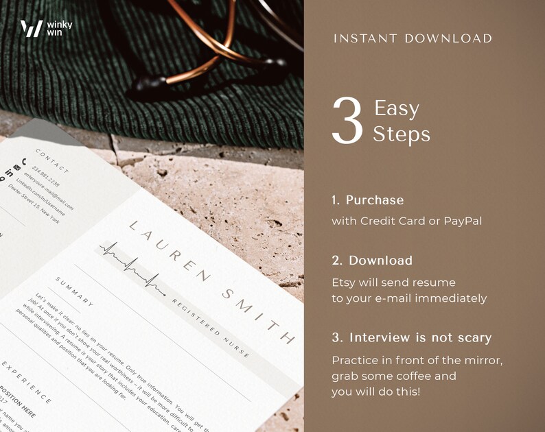 May include: A resume template for a registered nurse with a simple design and a heart rate line. The text on the resume says "Lauren Smith, Registered Nurse". The image also includes a description of how to purchase and download the resume.