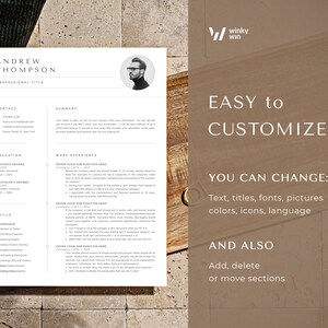 Puede incluir: Una plantilla de curr&iacute;culum vitae moderna con un dise&ntilde;o profesional. El curr&iacute;culum incluye secciones para informaci&oacute;n de contacto, educaci&oacute;n, habilidades y experiencia laboral. Se muestra el texto "EASY TO CUSTOMIZE", junto con opciones para cambiar texto, fuentes, im&aacute;genes, colores, iconos e idioma.