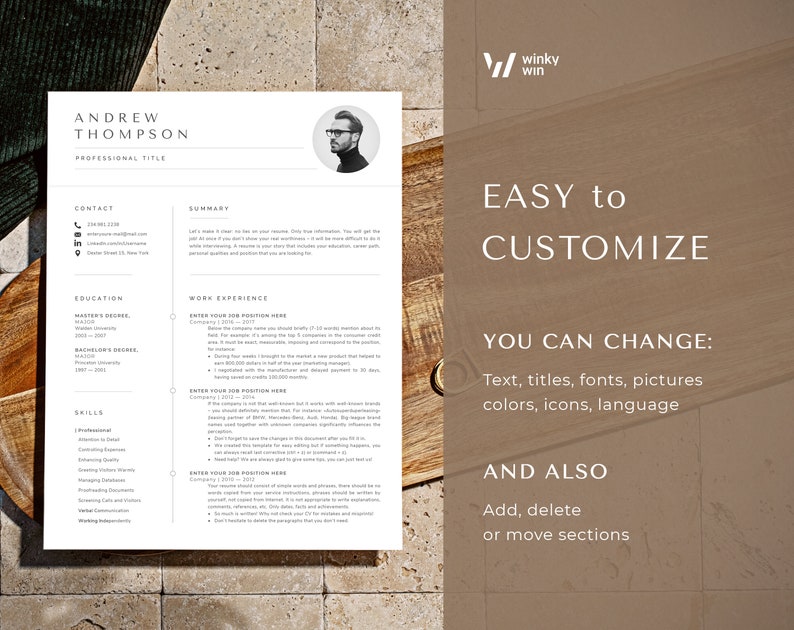 Puede incluir: Una plantilla de curr&iacute;culum vitae moderna con un dise&ntilde;o profesional. El curr&iacute;culum incluye secciones para informaci&oacute;n de contacto, educaci&oacute;n, habilidades y experiencia laboral. Se muestra el texto "EASY TO CUSTOMIZE", junto con opciones para cambiar texto, fuentes, im&aacute;genes, colores, iconos e idioma.