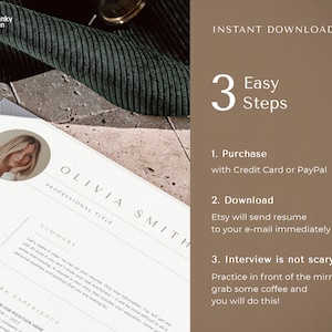 May include: A resume template with the name "Olivia Smith" and a headshot. The resume includes sections for contact information, a summary, and work experience. The image also includes the text "Instant Download" and "3 Easy Steps".