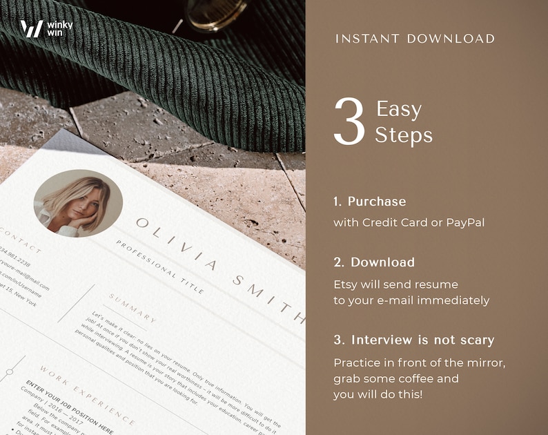 May include: A resume template with the name "Olivia Smith" and a headshot. The resume includes sections for contact information, a summary, and work experience. The image also includes the text "Instant Download" and "3 Easy Steps".