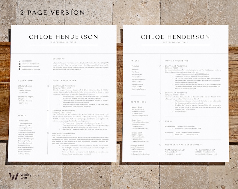 May include: A two-page resume template for Chloe Henderson, a professional with experience in marketing, finance, and project management. The resume includes sections for education, work experience, skills, references, and extra-curricular activities.