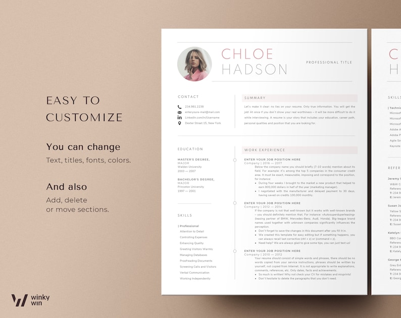 Op de afbeelding: Een roze en witte cv-sjabloon met de naam Chloe Hadson bovenaan. De cv bevat secties voor contactgegevens, opleiding, werkervaring, vaardigheden en referenties. De sjabloon is gemakkelijk aan te passen met verschillende lettertypen, kleuren en secties.