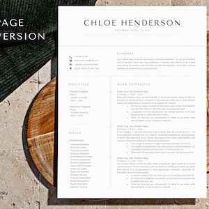 May include: A one-page resume template with a woodgrain background. The resume is for Chloe Henderson, who has a professional title. The resume includes sections for education, work experience, and skills.