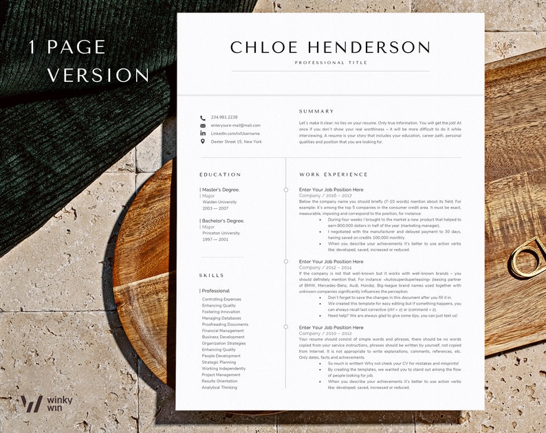 May include: A one-page resume template with a woodgrain background. The resume is for Chloe Henderson, who has a professional title. The resume includes sections for education, work experience, and skills.