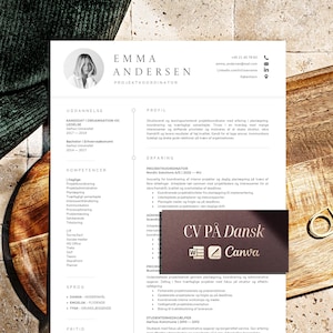 Könnte beinhalten: Eine professionelle Lebenslaufvorlage für Emma Andersen, Projektkoordinatorin, mit kreisförmigem Porträtfoto, Kontaktdaten und Abschnitten für Ausbildung, Profil, Erfahrung, Fähigkeiten und Sprachen, mit einer dunklen Karte CV PÅ Dansk.