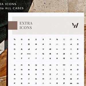May include: A white sheet of paper with a grid of black icons representing social media platforms, websites, and other symbols. The text "EXTRA ICONS to ALL CASES" is at the top of the sheet. The text "EXTRA ICONS" is in a larger font size and is centered on the sheet. The text "winky win" is at the bottom left corner of the sheet.