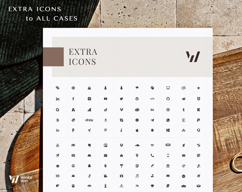 May include: A white sheet of paper with a grid of black icons representing social media platforms, websites, and other symbols. The text "EXTRA ICONS to ALL CASES" is at the top of the sheet. The text "EXTRA ICONS" is in a larger font size and is centered on the sheet. The text "winky win" is at the bottom left corner of the sheet.