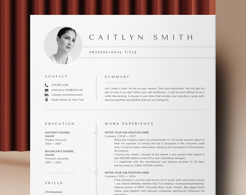 Cv-sjabloon CV Template Professional Resume Word | Etsy