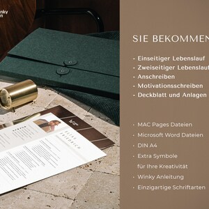 May include: A green folder with a resume template inside. The text on the resume template reads "Elias Friedrich". The text on the folder reads "Sie Bekommen" and lists the items included in the package: "Einseitiger Lebenslauf", "Zweiseitiger Lebenslauf", "Anschreiben", "Motivationsschreiben", "Deckblatt und Anlagen", "MAC Pages Dateien", "Microsoft Word Dateien", "DIN A4", "Extra Symbole f&uuml;r Ihre Kreativit&auml;t", "Winky Anleitung", and "Einzigartige Schriftarten".