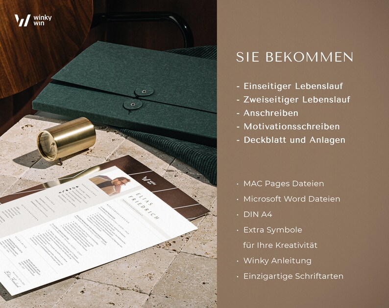May include: A green folder with a resume template inside. The text on the resume template reads "Elias Friedrich". The text on the folder reads "Sie Bekommen" and lists the items included in the package: "Einseitiger Lebenslauf", "Zweiseitiger Lebenslauf", "Anschreiben", "Motivationsschreiben", "Deckblatt und Anlagen", "MAC Pages Dateien", "Microsoft Word Dateien", "DIN A4", "Extra Symbole f&uuml;r Ihre Kreativit&auml;t", "Winky Anleitung", and "Einzigartige Schriftarten".