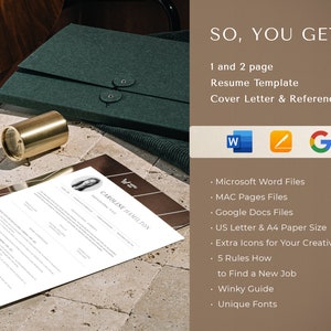 May include: A resume template in a white document with a woman's headshot in the upper right corner. The text "CAROLINE HAMILTON" is at the top of the page. The document is on a light brown surface with a gold metal object and a dark green folder in the background. The text "SO, YOU GET!" is in the upper right corner of the image. The text below lists the features included in the template, such as Microsoft Word, MAC Pages, Google Docs, US Letter & A4 Paper Size, Extra Icons, 5 Rules How to Find a New Job, Winky Guide, and Unique Fonts.