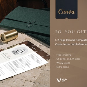 May include: A Canva template for a two-page resume, cover letter, and references. The template includes files in Canva, US Letter and A4 sizes, a Winky Guide, and extra icons. The text "SO, YOU GET!" is displayed in a large font.