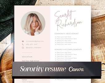 Sorority resume template with photo, Sorority recruitment, Sorority Resume and Cover Letter, Cute pink social sorority rush resume canva