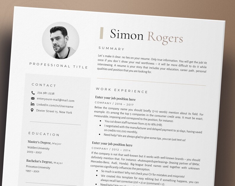 May include: A resume template with a professional headshot, contact information, education, and work experience sections. The resume is formatted with a clean and modern design.