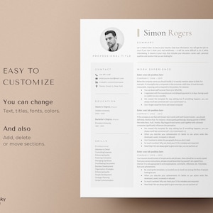 May include: A customizable resume template with a professional design. The template includes sections for contact information, education, work experience, skills, and a summary. The template is easy to edit and customize with different fonts, colors, and sections.