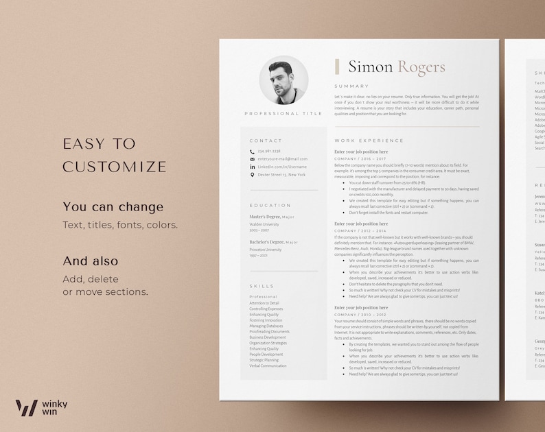 May include: A customizable resume template with a professional design. The template includes sections for contact information, education, work experience, skills, and a summary. The template is easy to edit and customize with different fonts, colors, and sections.