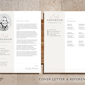 May include: A cover letter and references page with a professional headshot of a woman. The cover letter is addressed to Mrs. Jones and is written in a formal tone. The references page lists the names, titles, and contact information for four individuals.