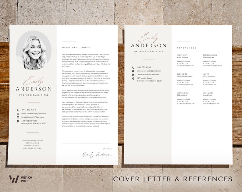 May include: A cover letter and references page with a professional headshot of a woman. The cover letter is addressed to Mrs. Jones and is written in a formal tone. The references page lists the names, titles, and contact information for four individuals.
