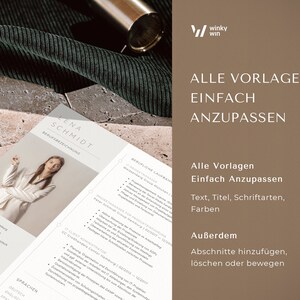 May include: A resume template with the name "LENA SCHMIDT" and the text "BERUFSBEZEICHNUNG" is displayed. The template is light-colored with a photo of a woman. The text "ALLE VORLAGEN EINFACH ANZUPASSEN" is also visible. A gold-colored pen is in the background.