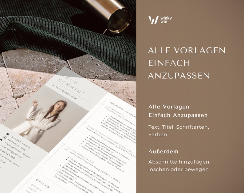 May include: A resume template with the name "LENA SCHMIDT" and the text "BERUFSBEZEICHNUNG" is displayed. The template is light-colored with a photo of a woman. The text "ALLE VORLAGEN EINFACH ANZUPASSEN" is also visible. A gold-colored pen is in the background.