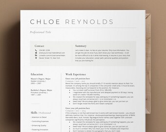 May include: A black and white resume template with the title "Chloe Reynolds" at the top. The resume includes sections for contact information, summary, education, skills, and work experience. The resume is formatted with a modern and clean design.