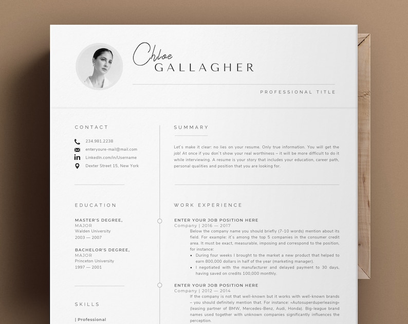 May include: A black and white resume template with a professional headshot of a woman. The resume includes contact information, a summary, education, work experience, and skills. The text on the resume includes the name Chloe Gallagher, the title "Professional Title", and the text "Let's make it clear: no lies on your resume. Only true information. You will get the job! At once if you don't show your real worthiness - it will be more difficult to do it while interviewing. A resume is your story that includes your education, career path, personal qualities and position that you are looking for."