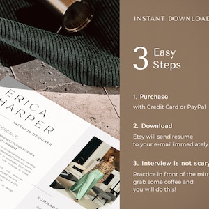 May include: A resume template for an interior designer, featuring the name "Erica Harper." The design includes the text "Instant Download" and instructions for purchase and download. The resume is on a white background.