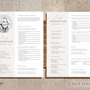 May include: A two-page resume template with a professional headshot, contact information, skills, work experience, education, volunteer experience, achievements, references, certifications, and professional development. The resume is designed in a minimalist style with a light gray background and black text.