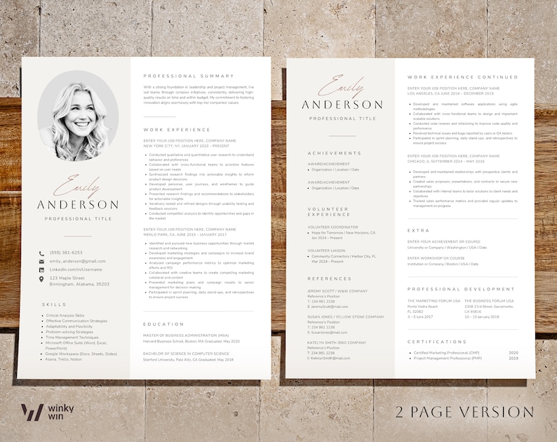 May include: A two-page resume template with a professional headshot, contact information, skills, work experience, education, volunteer experience, achievements, references, certifications, and professional development. The resume is designed in a minimalist style with a light gray background and black text.