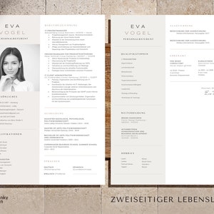 May include: A two-page resume in a light gray and white color scheme. The resume is for Eva Vogel, a Personalreferent. The resume includes sections for personal information, qualifications, work experience, education, and hobbies. The resume is in German.