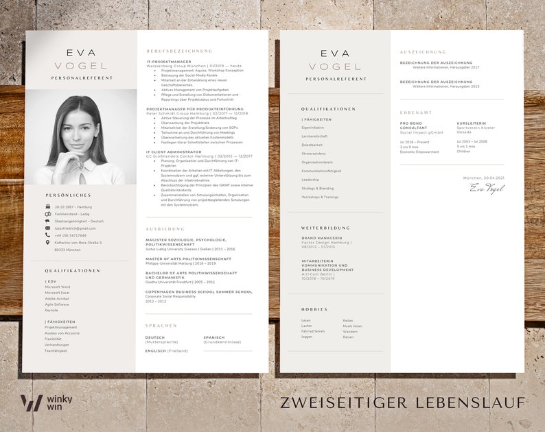 May include: A two-page resume in a light gray and white color scheme. The resume is for Eva Vogel, a Personalreferent. The resume includes sections for personal information, qualifications, work experience, education, and hobbies. The resume is in German.
