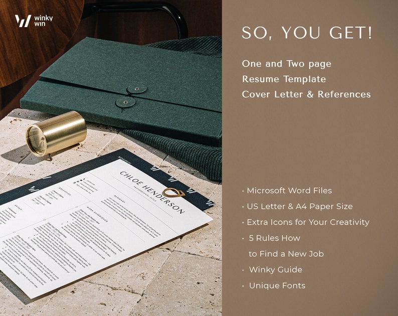 May include: A green folder with a resume template inside. The text "SO, YOU GET!" is displayed on the right side of the image. The text lists the features included in the resume template, such as one and two-page resume templates, cover letter and references, Microsoft Word files, US Letter & A4 paper size, extra icons for creativity, 5 rules how to find a new job, Winky Guide, and unique fonts.