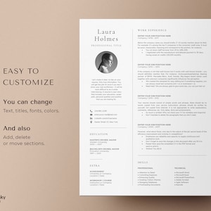 K&ouml;nnte beinhalten: Eine schwarz-wei&szlig;e Lebenslaufvorlage mit dem Text "EASY TO CUSTOMIZE" und "You can change Text, titles, fonts, colors." und "And also Add, delete or move sections." Die Lebenslaufvorlage ist f&uuml;r Laura Holmes, mit einer Berufsbezeichnung, Berufserfahrung, Ausbildung, F&auml;higkeiten und zus&auml;tzlichen Abschnitten.