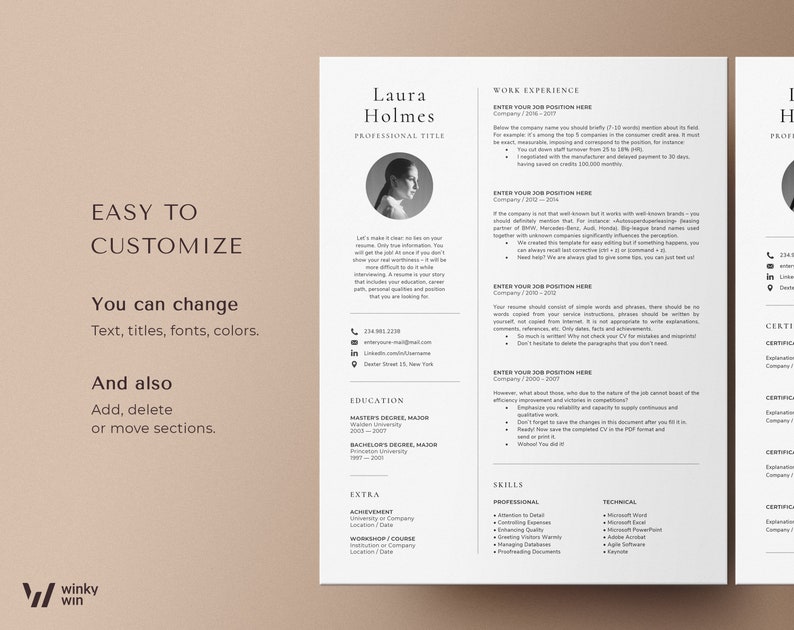 K&ouml;nnte beinhalten: Eine schwarz-wei&szlig;e Lebenslaufvorlage mit dem Text "EASY TO CUSTOMIZE" und "You can change Text, titles, fonts, colors." und "And also Add, delete or move sections." Die Lebenslaufvorlage ist f&uuml;r Laura Holmes, mit einer Berufsbezeichnung, Berufserfahrung, Ausbildung, F&auml;higkeiten und zus&auml;tzlichen Abschnitten.